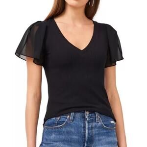 Catherine Malandrino Elegant V Neck Sheer Flutter Sleeve V-Neck Top Large Black